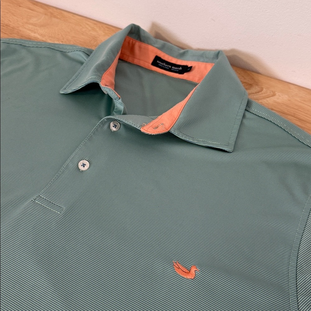 Southern Marsh Green Polo with Peach Accents &  light gray pinstripes